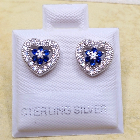 Sterling Silver 925 Rhodium Plated Blue CZ Heart Stud Earrings